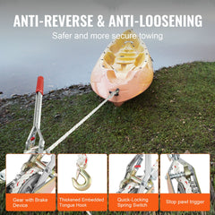 Rope Puller, 3/4 Ton Pulling Capacity, with 30.48 m of 15 mm dia. Rope, 2 Hook, Come Along Winch, Heavy Duty Ratchet Power Puller Tool for Moving Boats, Securing Items, Transporting Logs