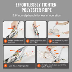 Rope Puller, 3/4 Ton Pulling Capacity, with 30.48 m of 15 mm dia. Rope, 2 Hook, Come Along Winch, Heavy Duty Ratchet Power Puller Tool for Moving Boats, Securing Items, Transporting Logs