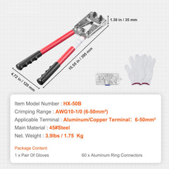 Battery Cable Lug Crimping Tool, 10-1/0AWG Aluminum Terminal Battery Lug Crimper, with 60PCS Aluminum Ring Connectors Terminals 6 Wire Sizes Crimping Die, for Heavy Duty Wire Lugs