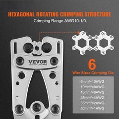 Battery Cable Lug Crimping Tool, 10-1/0AWG Aluminum Terminal Battery Lug Crimper, with 60PCS Aluminum Ring Connectors Terminals 6 Wire Sizes Crimping Die, for Heavy Duty Wire Lugs