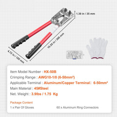 Battery Cable Lug Crimping Tool, 10-1/0AWG Aluminum Terminal Battery Lug Crimper, with 60PCS Aluminum Ring Connectors Terminals 6 Wire Sizes Crimping Die, for Heavy Duty Wire Lugs