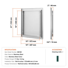BBQ Access Door, 457x533 mm Single Outdoor Kitchen Door, Stainless Steel Flush Mount Door, Wall Vertical Door with Recessed Handle, for BBQ Island, Grilling Station, Outside Cabinet