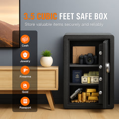 Single Door 3.5 cu.ft Safe Box with Key Lock & Password, Safe Lock Box with Fireproof Bag, Key Rack, LED Light, and 2 Shelves for Money, Documents, Jewelry, and Valuables, Black