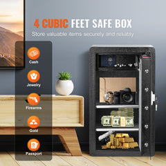 Single Door 4.0 cu.ft Safe Box with Key Lock & Password, Safe Lock Box with Fireproof Bag, Key Rack, LED Light, 2 Shelves, and 1 Cabinet for Money, Documents, Jewelry, and Valuables, Black