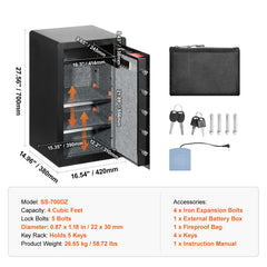 Single Door 4.0 cu.ft Safe Box with Key Lock & Password, Safe Lock Box with Fireproof Bag, Key Rack, LED Light, 2 Shelves, and 1 Cabinet for Money, Documents, Jewelry, and Valuables, Black