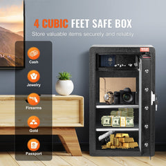 Single Door 4.0 cu.ft Safe Box with Key Lock & Password, Safe Lock Box with Fireproof Bag, Key Rack, LED Light, 2 Shelves, and 1 Cabinet for Money, Documents, Jewelry, and Valuables, Black