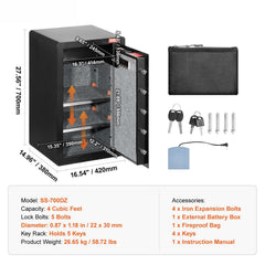 Single Door 4.0 cu.ft Safe Box with Key Lock & Password, Safe Lock Box with Fireproof Bag, Key Rack, LED Light, 2 Shelves, and 1 Cabinet for Money, Documents, Jewelry, and Valuables, Black