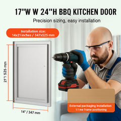 BBQ Access Door, 432x610 mm Single Outdoor Kitchen Door, Stainless Steel Flush Mount Door, Wall Vertical Door with Handle, for BBQ Island, Grilling Station, Outside Cabinet