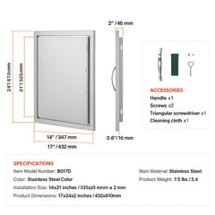 BBQ Access Door, 432x610 mm Single Outdoor Kitchen Door, Stainless Steel Flush Mount Door, Wall Vertical Door with Handle, for BBQ Island, Grilling Station, Outside Cabinet