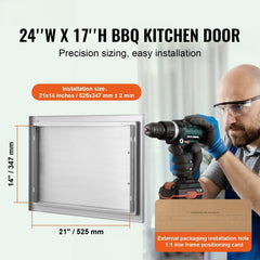 BBQ Access Door, 610x432 mm Single Outdoor Kitchen Door, Stainless Steel Flush Mount Door, Wall Vertical Door with Handle, for BBQ Island, Grilling Station, Outside Cabinet