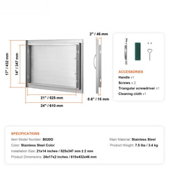 BBQ Access Door, 610x432 mm Single Outdoor Kitchen Door, Stainless Steel Flush Mount Door, Wall Vertical Door with Handle, for BBQ Island, Grilling Station, Outside Cabinet