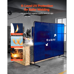 Welding Screen with Frame, 1.74 x 2.34m Welding Curtain Screen, Flame-Resistant Vinyl Protection Screens with Lockable Swivel Wheels & 6-Level UV Protection for Workshop/Industrial Use, Blue