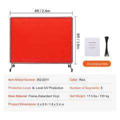 Welding Screen with Frame, 6' x 8' Welding Curtain Screen, Flame-Resistant Vinyl Welding Protection Screen on 4 Swivel Wheels (2 Lockable), Moveable & Professional for Workshop/Industrial, Red