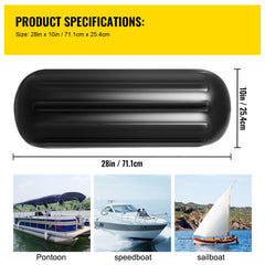 Boat Fenders, 10" x 28" Ribbed Fender, 4 Pack Boat Bumpers, Hole Through Middle Ribbed Inflatable Boat Fender with 4 Ropes, for Pontoon Boat Sailboat, Ski Boat, Black