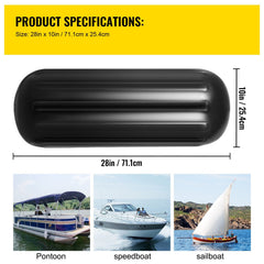 Black inflatable boat float with Vevor branding and size specifications, shown on boats.