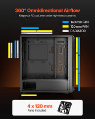PC Gaming Case, Mid-Tower, Computer Case with High-Airflow Tempered Glass Panel, Dust Filter, 4 x 120 mm Fans, Cable Management, for GPU up to 270 mm in Length, Compatible with ATX/M-ATX/ITX