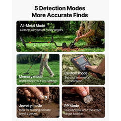 Metal Detector for Adults, 254 mm, Professional High Accuracy Gold Detector, IP68 Waterproof Search Coil with Display, Headphones, 5 Modes, Adjustable Length, for Detecting Gold Treasure Hunting