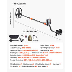 Metal Detector for Adults, 254 mm, Professional High Accuracy Gold Detector, IP68 Waterproof Search Coil with Display, Headphones, 5 Modes, Adjustable Length, for Detecting Gold Treasure Hunting