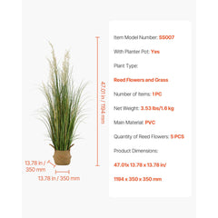 Artificial Grass Plant, 1194mm Reed Flower Grass in Pot, Premium PVC Faux Fake Greenery Shrubs Plant for Indoor Outdoor House Home Garden Office Room Décor, Housewarming, 1 Pack Green