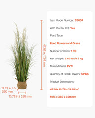 Artificial Grass Plant, 1194mm Reed Flower Grass in Pot, Premium PVC Faux Fake Greenery Shrubs Plant for Indoor Outdoor House Home Garden Office Room Décor, Housewarming, 1 Pack Green
