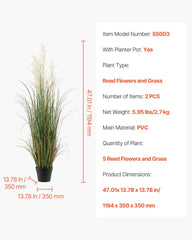 Artificial Grass Plant, 2 Pack 1194mm Reed Flower Grass in Pot, Premium PVC Faux Fake Greenery Shrubs Plant for Indoor Outdoor House Home Garden Office Room Décor, Housewarming, Green