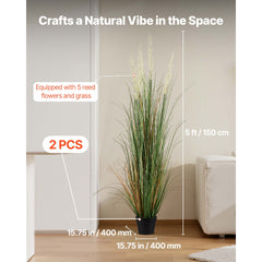 Artificial Grass Plant, 2 Pack 1499mm Faux Reed Flower Grass in Pot, Premium PVC Fake Greenery Shrubs Plant for Indoor Outdoor House Home Garden Office Room Décor, Housewarming, Green