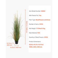 Artificial Grass Plant, 2 Pack 1499mm Faux Reed Flower Grass in Pot, Premium PVC Fake Greenery Shrubs Plant for Indoor Outdoor House Home Garden Office Room Décor, Housewarming, Green