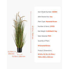 Artificial Grass Plant, 2 Pack 1194mm Horsetail Reed Grass in Pot, Premium PVC Faux Fake Greenery Shrubs Plant for Indoor Outdoor House Home Garden Office Room Décor, Housewarming, Green
