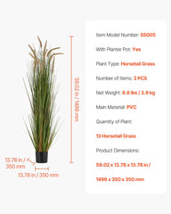 Artificial Grass Plant, 2 Pack 1499mm Horsetail Reed Grass in Pot, Premium PVC Faux Fake Greenery Shrubs Plant for Indoor Outdoor House Home Garden Office Room Décor, Housewarming, Green
