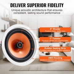 4 PCs 203.2 mm in Ceiling Speakers, 100-Watts, Flush Mount Ceiling & in-Wall Speakers System with 8ΩImpedance 89dB Sensitivity, for Home Kitchen Living Room Bedroom or Covered Outdoor Porches