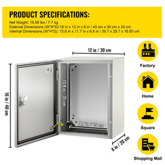 Steel Electrical Box 16'' x 12'' x 8'' Electrical Enclosure Box, Carbon Steel Hinged Junction Box, IP65 Weatherproof Metal Box Wall-Mounted Electronic Equipment Enclosure Box with Mounting Plate