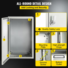 NEMA Steel Enclosure, 20 x 12 x 10\'\' NEMA 4X Steel Electrical Box, IP66 Waterproof & Dustproof, Outdoor/Indoor Electrical Junction Box, with Mounting Plate