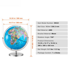 Rotating World Globe with Stand, 330.2 mm, Educational Geographic Globe with Precise Time Zone ABS Material, Spinning Globe for Kids Children Learning Classroom Geography Education
