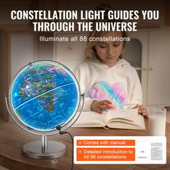 Illuminated World Globe with Stand, 228.6 mm, Educational Earth Globe with Stable Heavy Metal Base and LED Constellation Night Light HD Printed Map, Spinning for Kids Classroom Learning