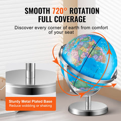 Illuminated World Globe with Stand, 228.6 mm, Educational Earth Globe with Stable Heavy Metal Base and LED Constellation Night Light HD Printed Map, Spinning for Kids Classroom Learning
