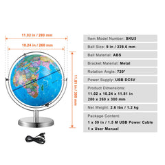 Illuminated World Globe with Stand, 228.6 mm, Educational Earth Globe with Stable Heavy Metal Base and LED Constellation Night Light HD Printed Map, Spinning for Kids Classroom Learning