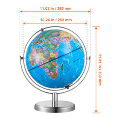 Illuminated World Globe with Stand, 228.6 mm, Educational Earth Globe with Stable Heavy Metal Base and LED Constellation Night Light HD Printed Map, Spinning for Kids Classroom Learning
