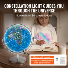 Illuminated World Globe with Stand, 228.6 mm, Educational Earth Globe with Stable Heavy Metal Base and LED Constellation Night Light HD Printed Map, Spinning for Kids Classroom Learning