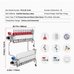 10-Branch Radiant Heat Manifold, 1/2" PEX Tubing Manifold, Stainless Steel PEX Manifold for Hydronic Radiant Floor Heating, Radiant Heat PEX Manifold Kit with 1/2" Adapters Included
