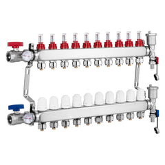 10-Branch Radiant Heat Manifold, 1/2" PEX Tubing Manifold, Stainless Steel PEX Manifold for Hydronic Radiant Floor Heating, Radiant Heat PEX Manifold Kit with 1/2" Adapters Included