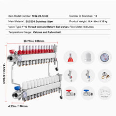 12-Branch Radiant Heat Manifold, 1/2" PEX Tubing Manifold, Stainless Steel PEX Manifold for Hydronic Radiant Floor Heating, Radiant Heat PEX Manifold Kit with 1/2" Adapters Included