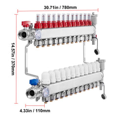 12-Branch Radiant Heat Manifold, 1/2" PEX Tubing Manifold, Stainless Steel PEX Manifold for Hydronic Radiant Floor Heating, Radiant Heat PEX Manifold Kit with 1/2" Adapters Included