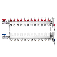 12-Branch Radiant Heat Manifold, 1/2" PEX Tubing Manifold, Stainless Steel PEX Manifold for Hydronic Radiant Floor Heating, Radiant Heat PEX Manifold Kit with 1/2" Adapters Included