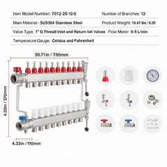 12-Branch Radiant Heat Manifold, 1/2" PEX Tubing Manifold, Stainless Steel PEX Manifold for Hydronic Radiant Floor Heating, Radiant Heat PEX Manifold Kit with 1/2" Adapters Included
