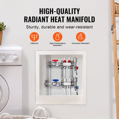 2-Branch Radiant Heat Manifold, 1/2" PEX Tubing Manifold, Stainless Steel PEX Manifold for Hydronic Radiant Floor Heating, Radiant Heat PEX Manifold Kit with 1/2" Adapters Included