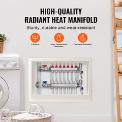 7-Branch Radiant Heat Manifold, 1/2" PEX Tubing Manifold, Stainless Steel PEX Manifold for Hydronic Radiant Floor Heating, Radiant Heat PEX Manifold Kit with 1/2" Adapters Included