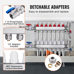 7-Branch Radiant Heat Manifold, 1/2" PEX Tubing Manifold, Stainless Steel PEX Manifold for Hydronic Radiant Floor Heating, Radiant Heat PEX Manifold Kit with 1/2" Adapters Included
