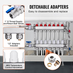 7-Branch Radiant Heat Manifold, 1/2" PEX Tubing Manifold, Stainless Steel PEX Manifold for Hydronic Radiant Floor Heating, Radiant Heat PEX Manifold Kit with 1/2" Adapters Included