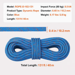 10.2mm Dynamic Climbing Rope, 40M(131ft) Outdoor Rock Climbing Rope 25KN Breaking Tension, Stretchable Fiber Rope with Steel Snap Hooks for Escape, Rappelling, Fire Rescue, Blue