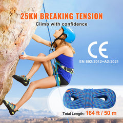 10.2mm Dynamic Climbing Rope, 50M(164ft) Outdoor Rock Climbing Rope 25KN Breaking Tension, Stretchable Fiber Rope with Steel Snap Hooks for Escape, Rappelling, Fire Rescue, Blue